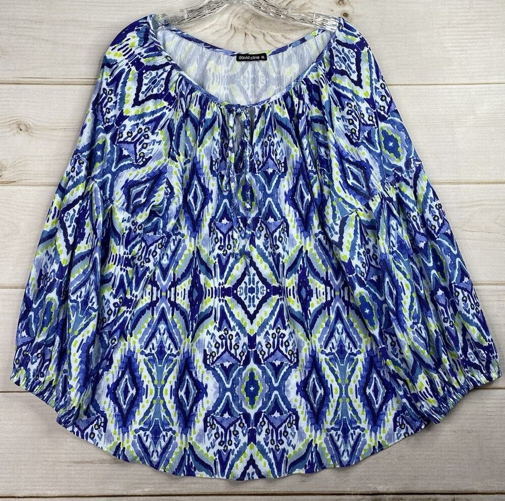David Cline Wearable Art Shirt Womens XL Blue Printed Keyhole neck 3/4 Sleeve